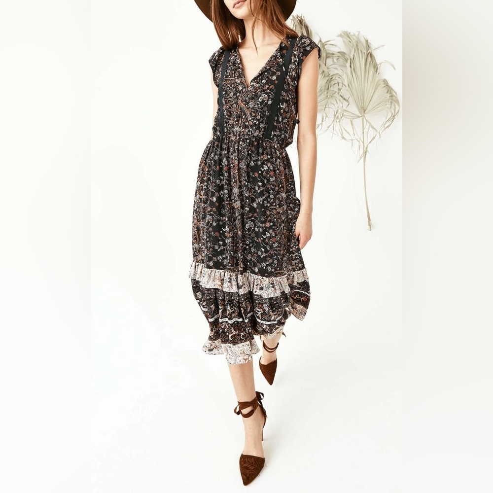ULLA JOHNSON Zanna Silk Midi Dress‎ Size 2 Small Prairie Ruffle Midnight Floral